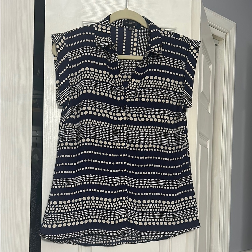 The Limited Blue and White Boxy Cap Sleeve Polo Blouse